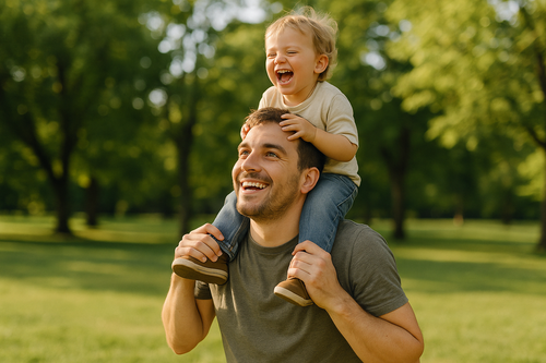 A realistic photo of a joyful father in his 30s carrying his young child on his shoulders in a sunny park. The father is casually dressed in a T-shirt and jeans, smiling and looking up at his child. The child is laughing, holding onto the father’s head with excitement. Green trees and soft sunlight in the background create a cheerful, natural outdoor atmosphere. Ultra-realistic, high detail, natural colors, candid moment.