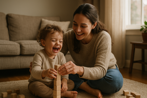 A realistic photo of a loving mother in her 30s playing with her young child in a cozy living room. The mother has a warm smile, wearing a casual sweater and jeans, sitting on the floor with her child. The child is laughing while stacking wooden blocks, and the mother is gently helping. Soft daylight streams through a window, creating a warm, homely atmosphere. Ultra-realistic, natural colors, high detail, candid moment.